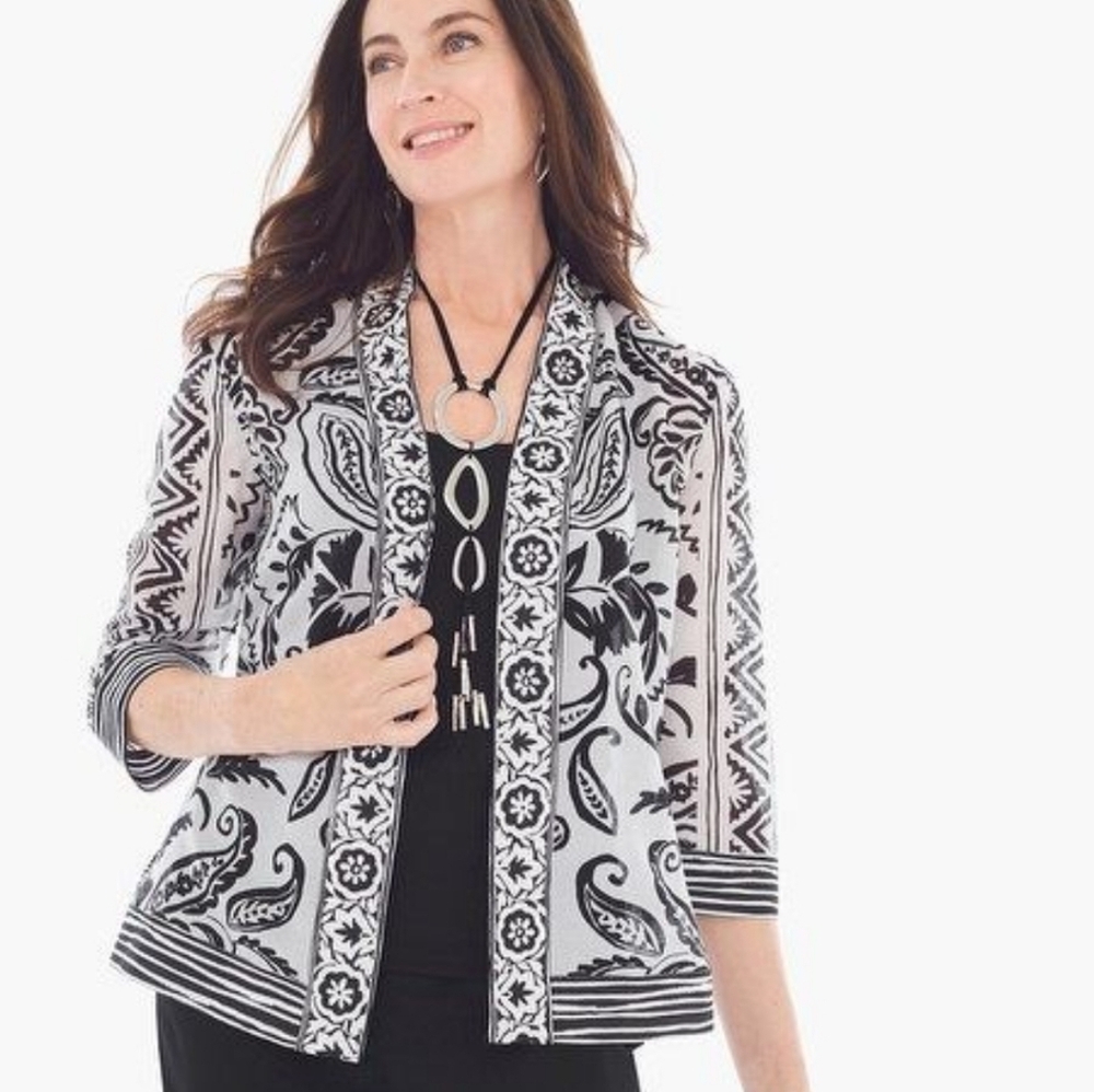 NWT Chico's Kimono Border Print 3/4 Sleeves Silk Blend Size 0